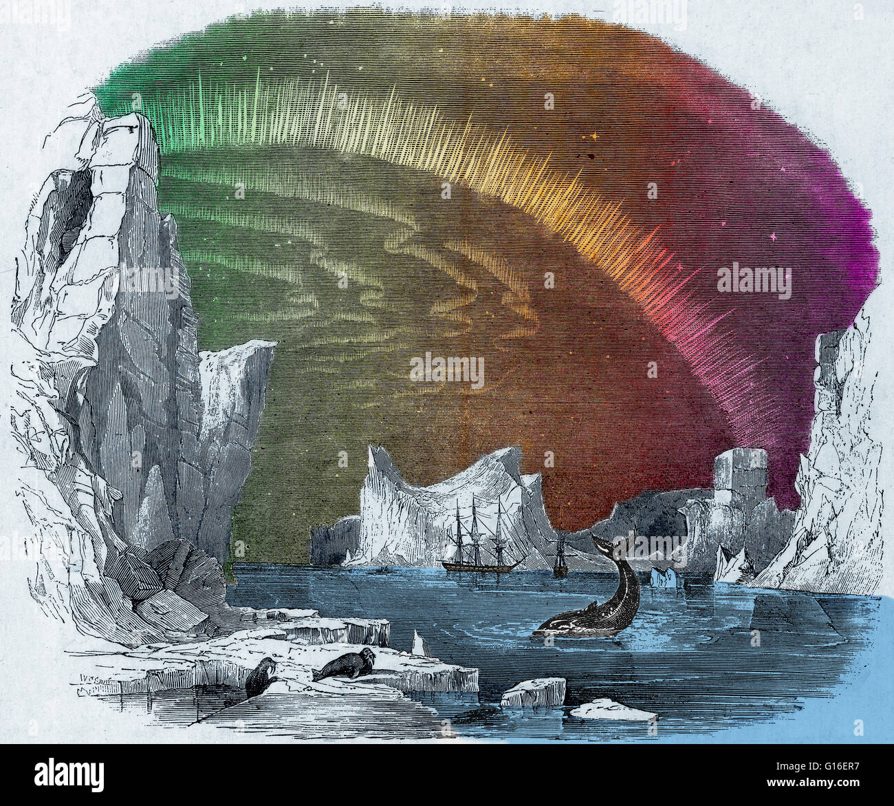 Colorized image of Icebergs and the Aurora Borealis, from October 1849. This image was published in the Illustrated London News to accompany an article about a search for Sir John Franklin's lost Arctic expedition. John Franklin (1786-1847) was a British Stock Photo