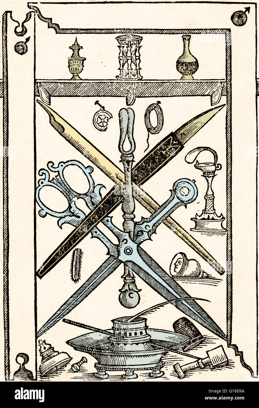 Color enhanced illustration of writing implements from Libro nuovo d'imparare a scrivere ('New Book for Learning to Write'), by Giambattista Palatino, 1540. The book turned out to be one of the most influential books on writing from the 16th century. Pala Stock Photo