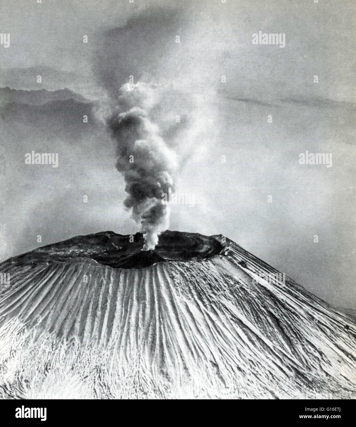 Vesuvius is a stratovolcano in the Gulf of Naples, Italy, best known for its eruption in 79 AD that led to the burying and destruction of the Roman cities of Pompeii and Herculaneum. Since then Vesuvius has erupted around three dozen times. The volcano be Stock Photo