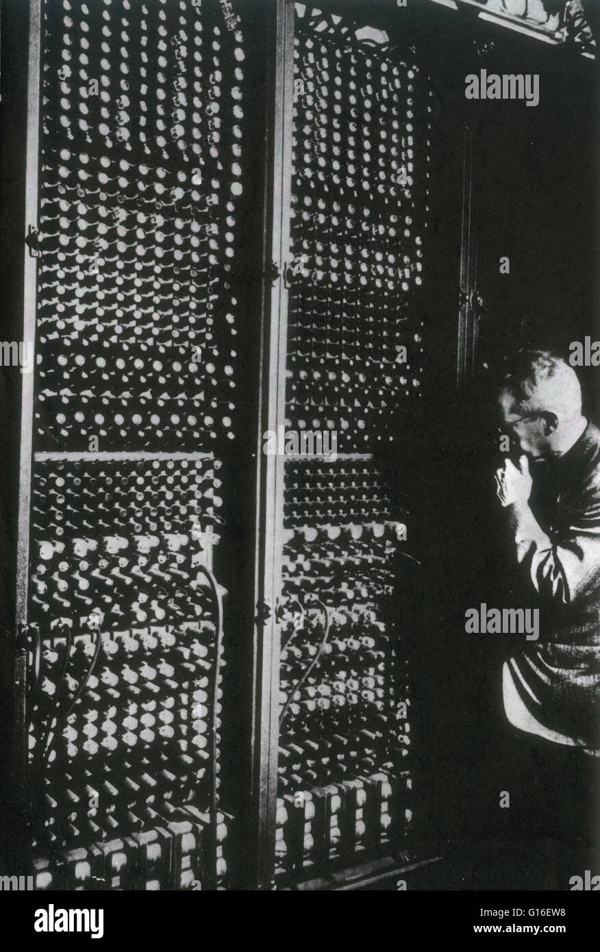 ENIAC (Electronic Numerical Integrator And Computer) was the first electronic general-purpose computer. It was Turing-complete, digital, and capable of being reprogrammed to solve a full range of computing problems. ENIAC's design and construction was fin Stock Photo