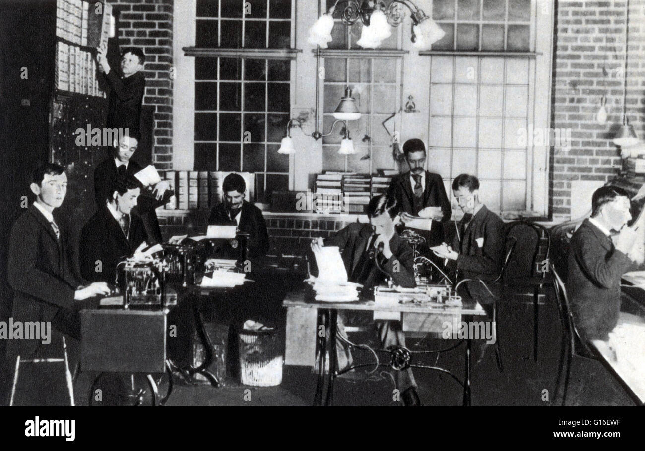 The stenographic staff, 1889. General Electric was formed through the 1892 merger of Edison General Electric Company of Schenectady, NY, and Thomson-Houston Electric Company of Lynn, MA, with the support of Drexel, Morgan & Co. Both plants continue to ope Stock Photo