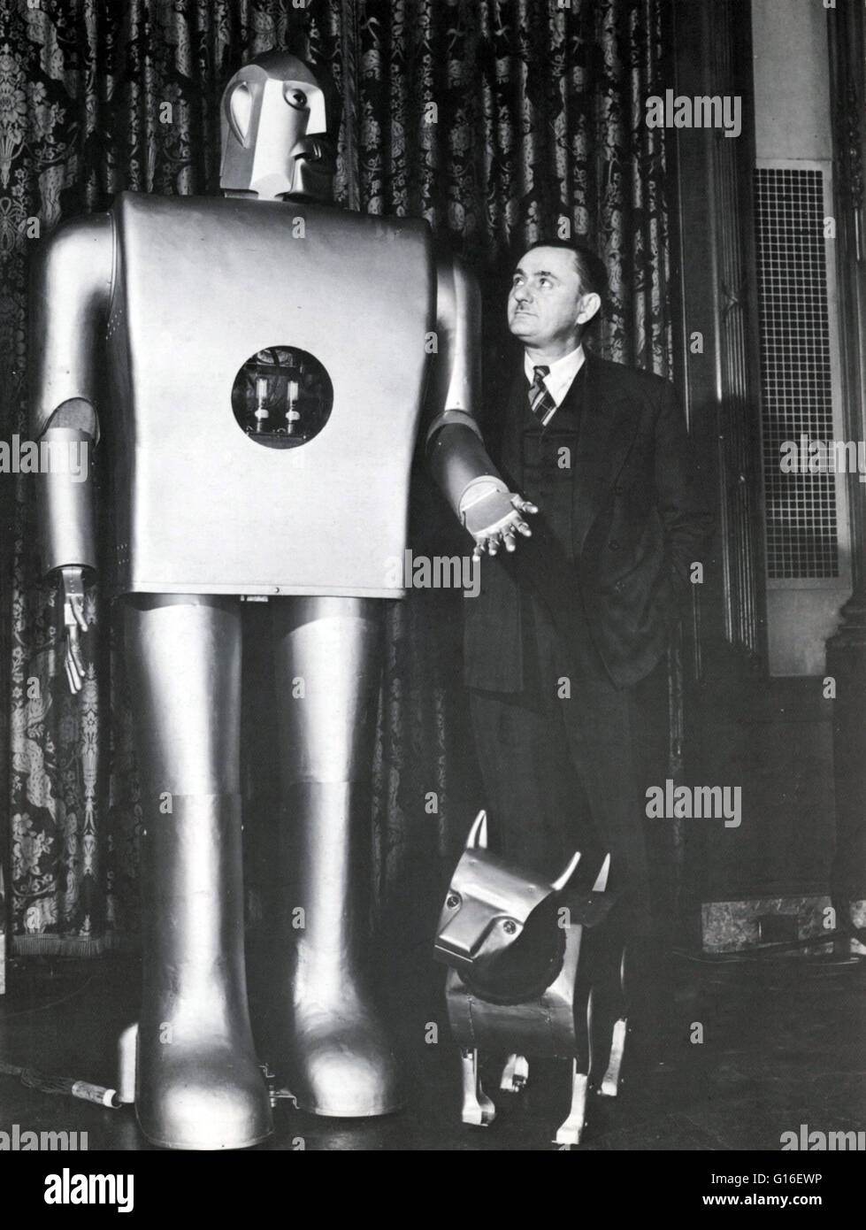 Electro the motor man and Sparko with creator J.M. Barrett New York Worlds  Fair 1939. These animatronic wonders marked the first time that electric  motors were used to power and actuate robots.