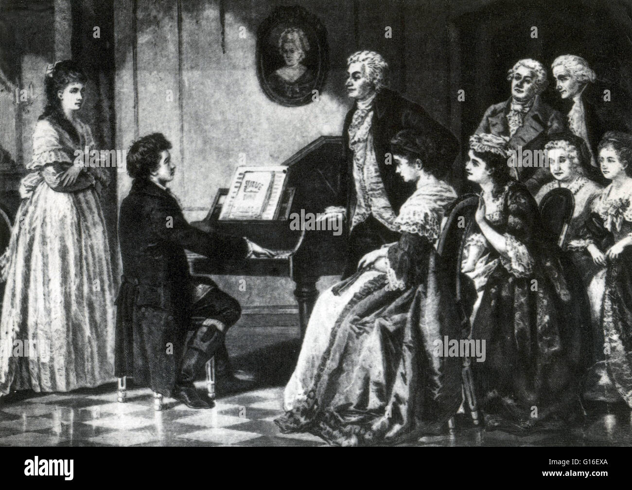 17 year old Beethoven playing for Mozart. Ludwig van Beethoven (baptized December 17, 1770 - March 26, 1827) was a German composer and pianist. A crucial figure in the transition between the Classical and Romantic eras in Western art music, he remains one Stock Photo