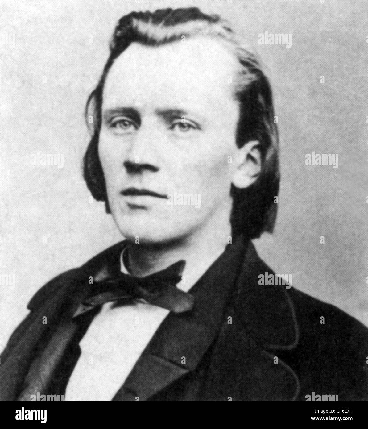 Brahms in his early 30s, when he was writing the German Requiem. Its first performance under the composer's direction took place in Bremen in 1868. Johannes Brahms (May 17, 1833 - April 3, 1897) was a German composer and pianist, and one of the leading mu Stock Photo