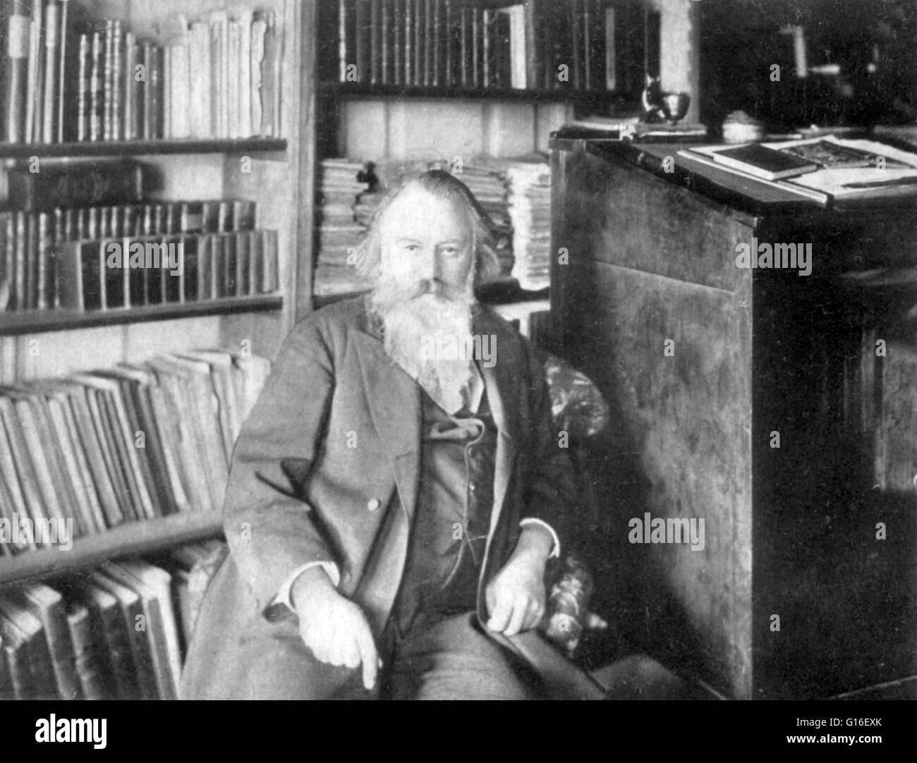 Brahms in his library, 1895. Johannes Brahms (May 17, 1833 - April 3, 1897) was a German composer and pianist, and one of the leading musicians of the Romantic period. Brahms spent much of his professional life in Vienna, Austria, where he was a leader of Stock Photo