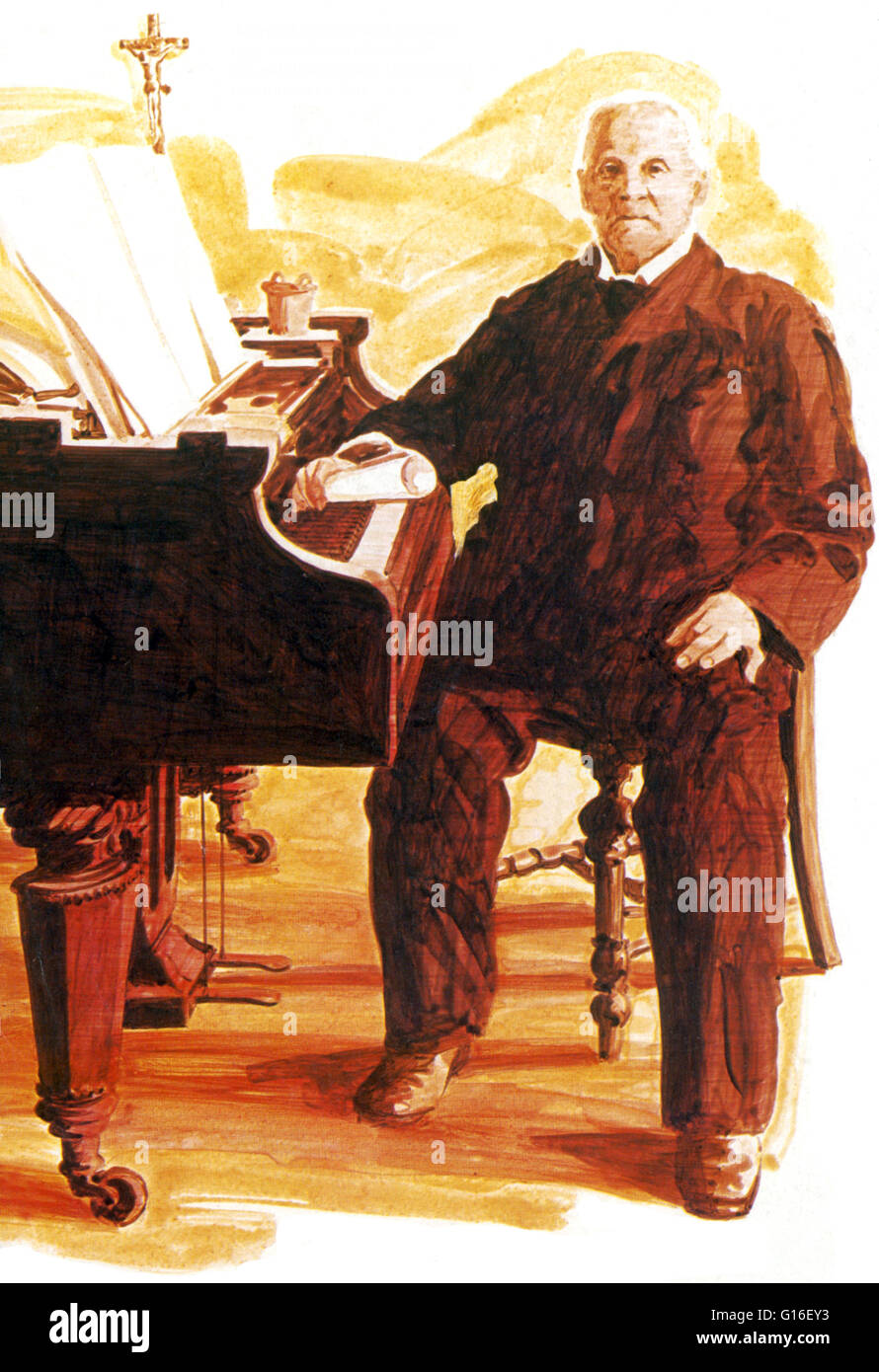 Bruckner at his piano in 1894, two years before his death. Anton Bruckner (September 4, 1824 - October 11, 1896) was an Austrian composer known for his symphonies, masses, and motets. The first are considered emblematic of the final stage of Austro-German Stock Photo