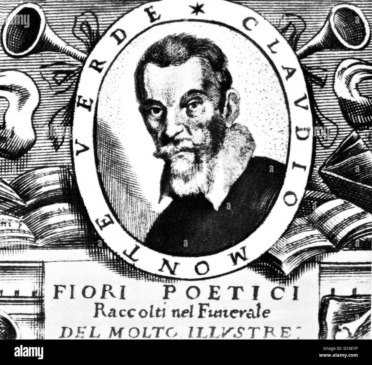 Claudio Giovanni Antonio Monteverdi (May 15, 1567 (baptized) - November 29, 1643) was an Italian composer, gambist (bowed, fretted and stringed instrument), singer and Roman Catholic priest. He learned about music as a member of the cathedral choir. He al Stock Photo