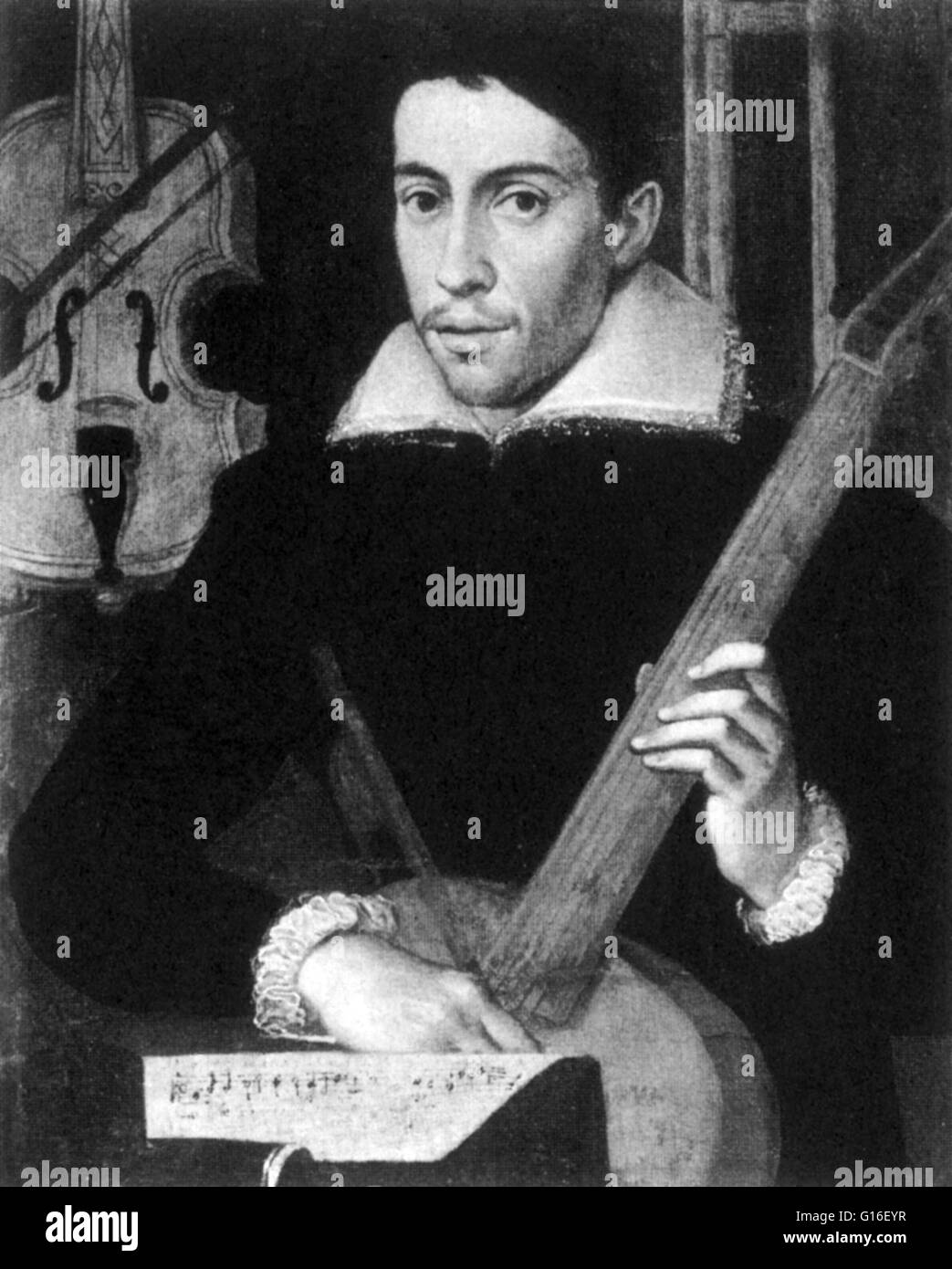 Monteverdi has been proposed as the subject of this 'Portrait of a Musician' by a Cremonese artist, circa 1570-90, now at the Ashmolean Museum, Oxford). f correct, it would be his earliest known portrait, possibly painted when he was at the Gonzaga Court Stock Photo