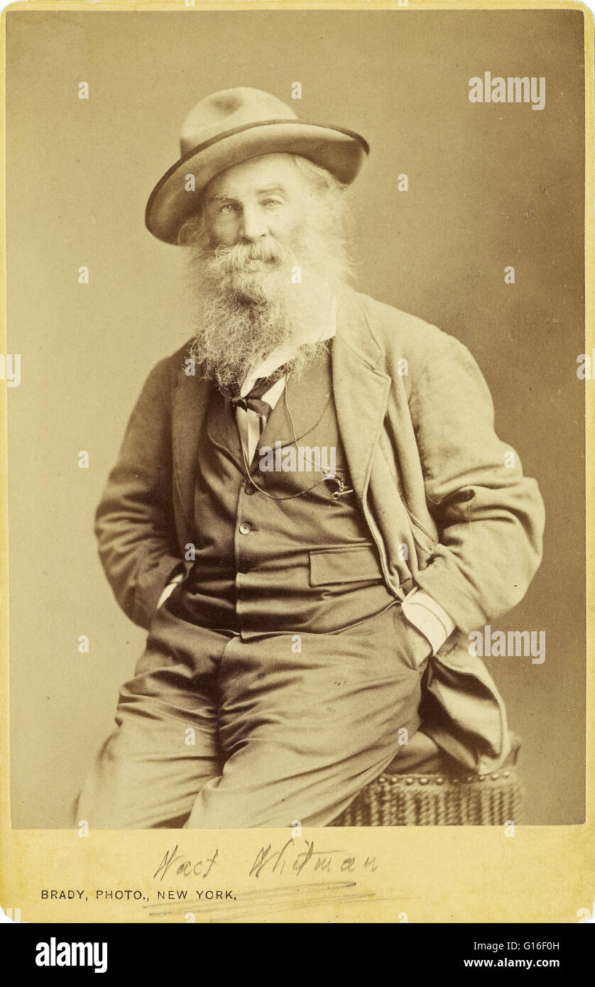 A portrait of American poet, essayist and journalist Walt Whitman (1819 -1892) by the American photographer Mathew B. Brady (c. 1823 - 1896), taken around 1870. Albumen silver. Whitman's most famous work is 'Leaves of Grass.' Stock Photo