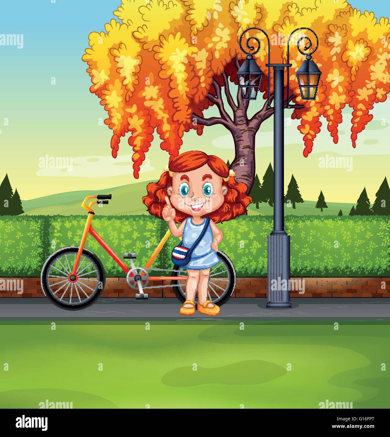 Little girl and bicycle in the park illustration Stock Vector