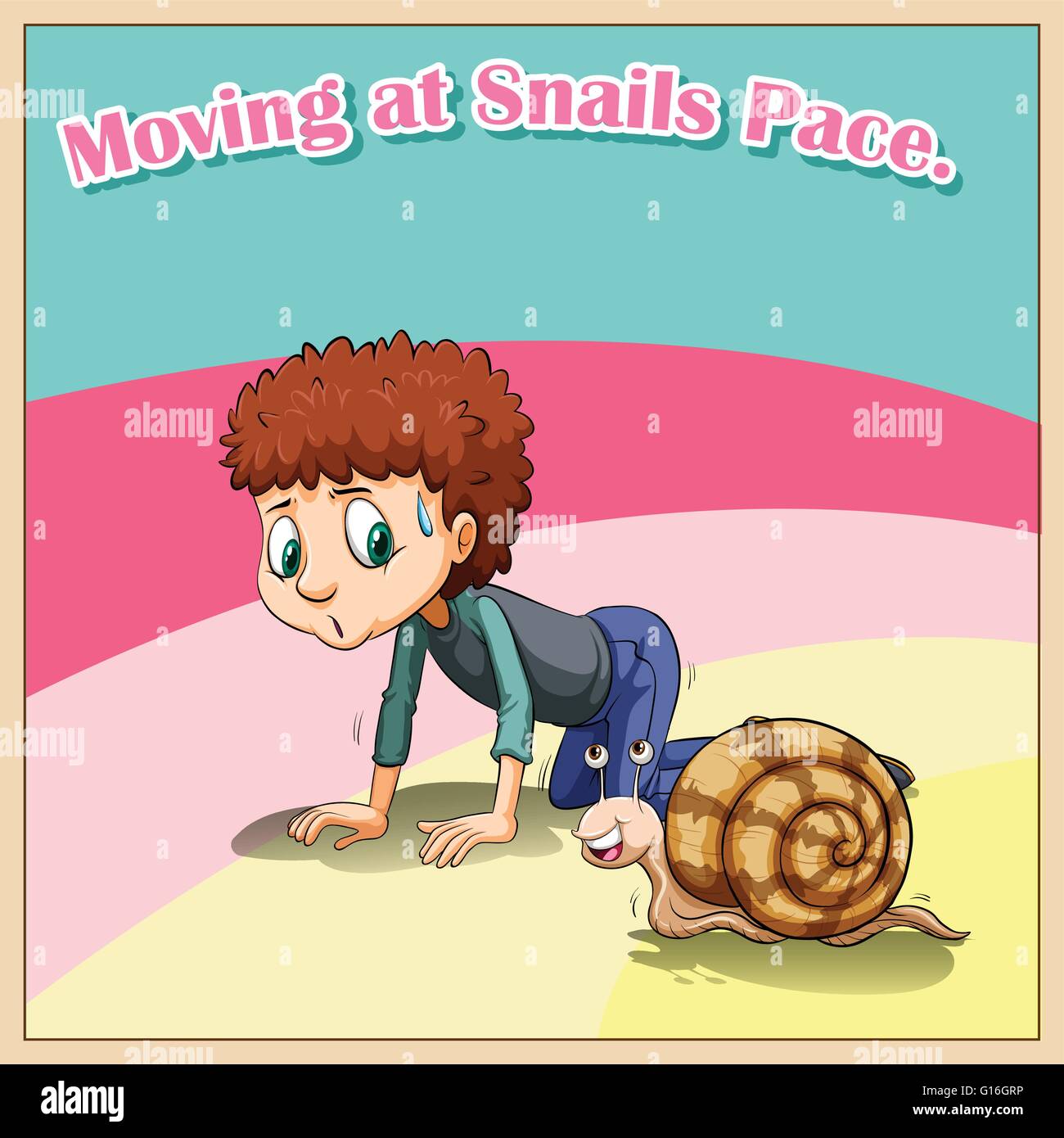 Man crawling beside snail illustration Stock Vector