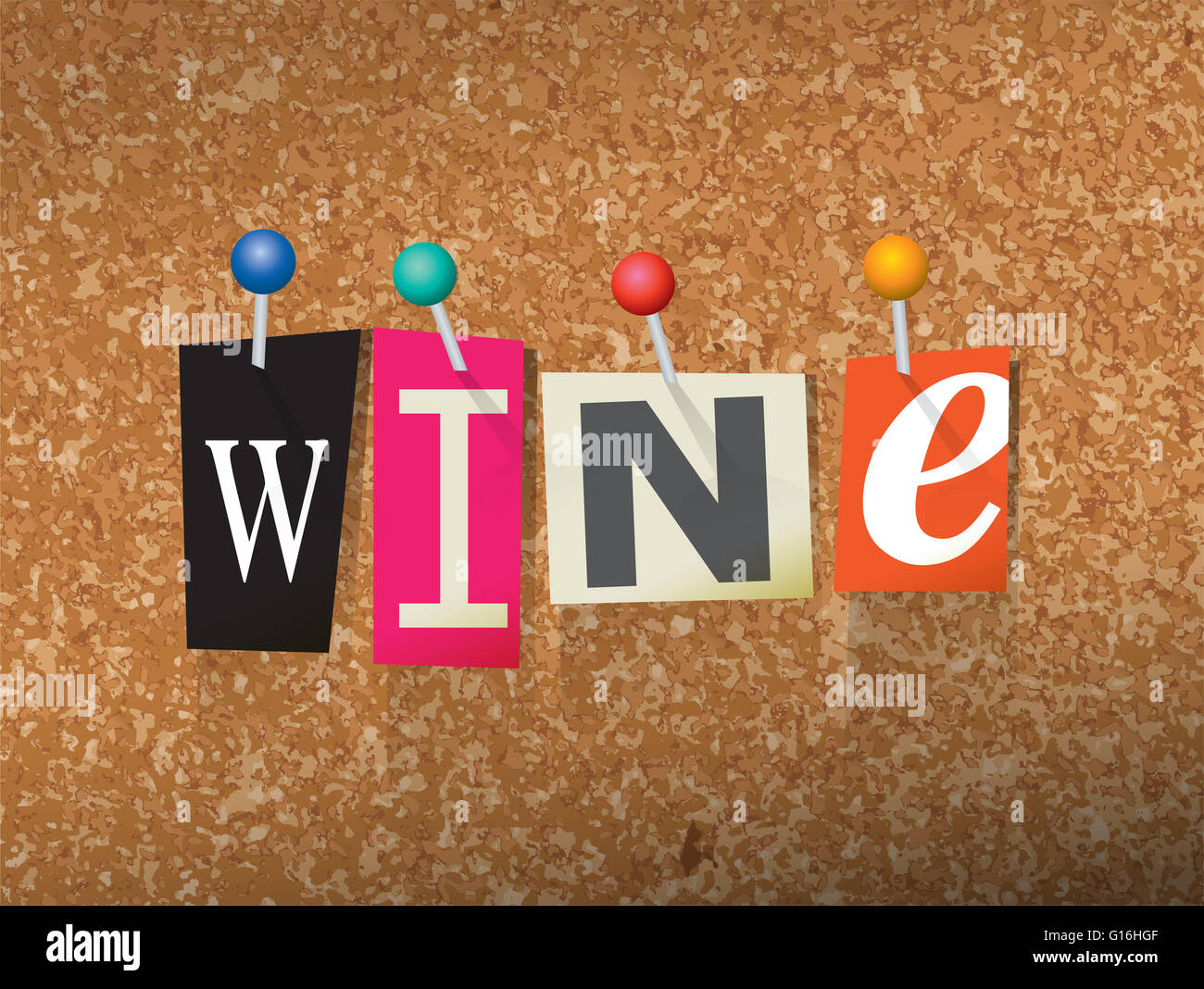 The word 'WINE' written in cut ransom note style paper letters and pinned to a cork bulletin board. Stock Photo
