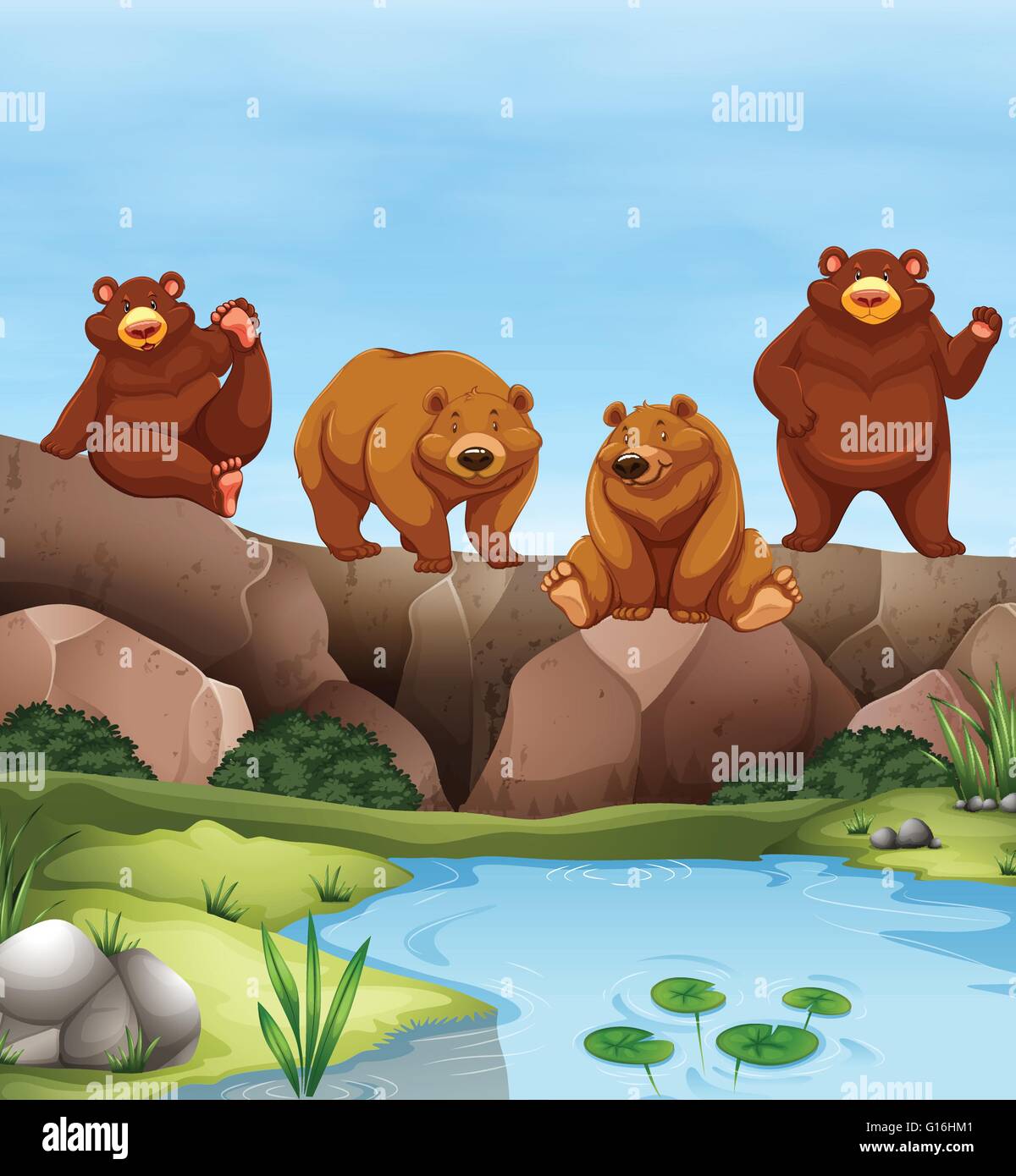 Grizzly bears living by the pond illustration Stock Vector Image & Art ...