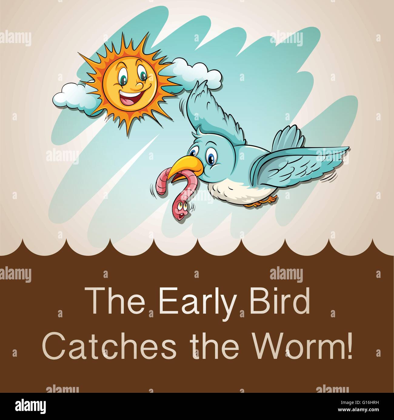 Idiom saying the early bird catches the worm Stock Vector