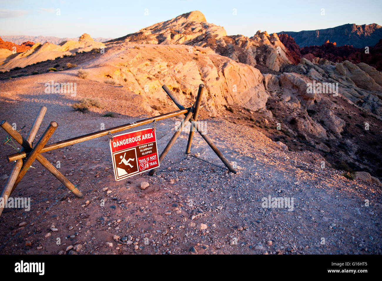 Danger sign at Valley of Fire State park Stock Photo