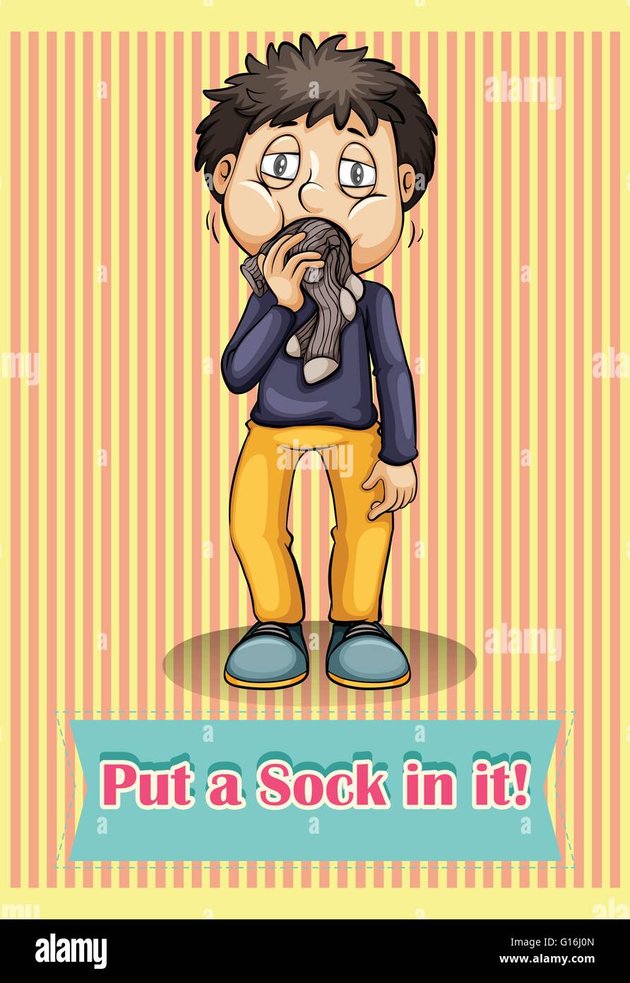 Idiom put a sock in it illustration Stock Vector