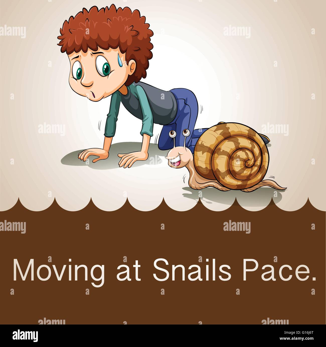 Man crawling beside snail illustration Stock Vector
