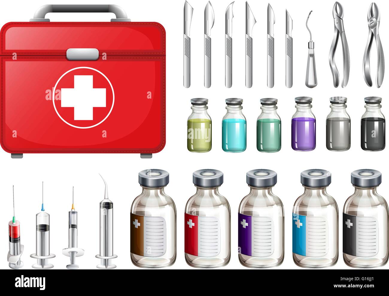 Medical equiments and firstaid box illustration Stock Vector