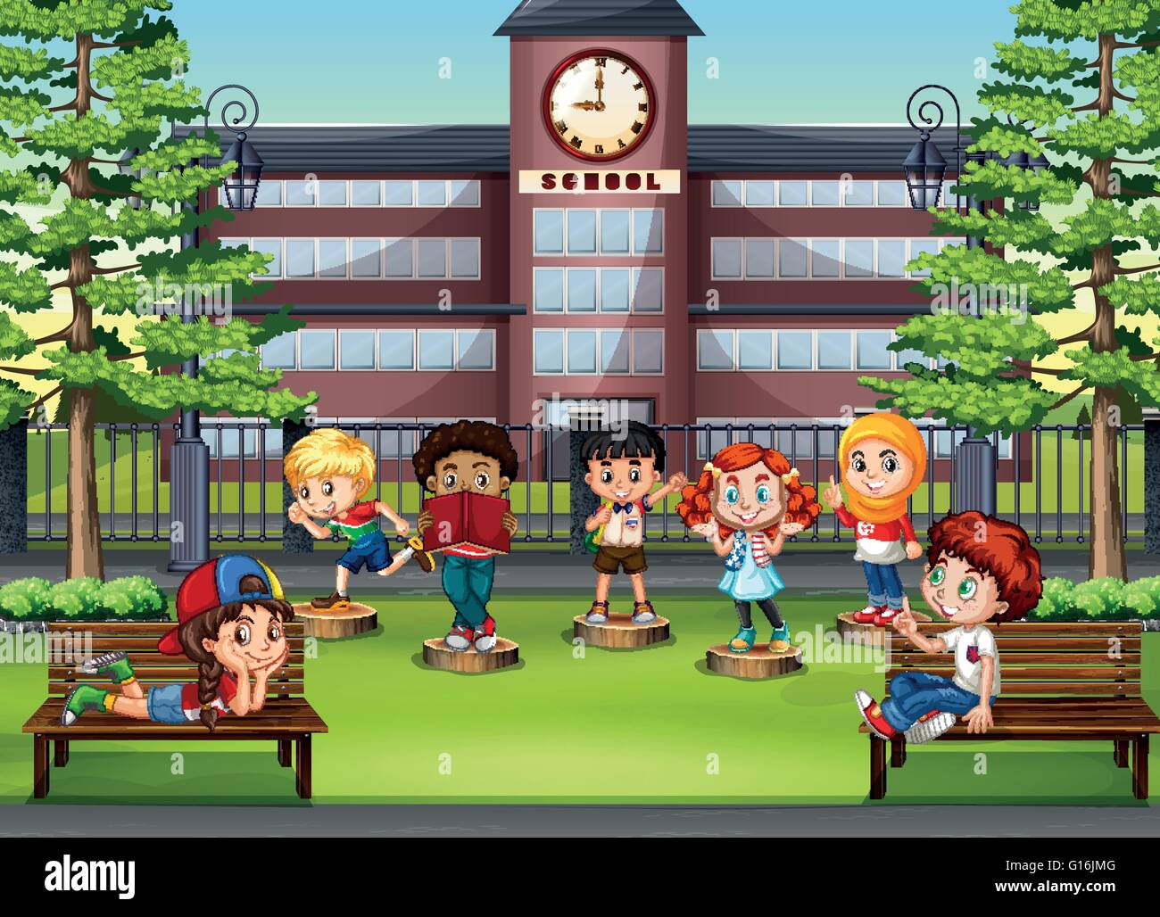 Children at the park in front of school illustration Stock Vector Image ...