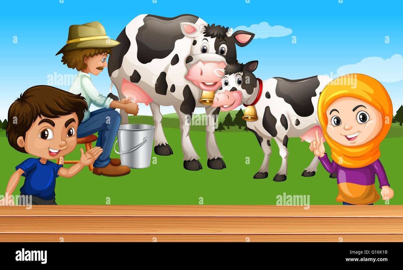 Farmer milking a cow illustration Stock Vector