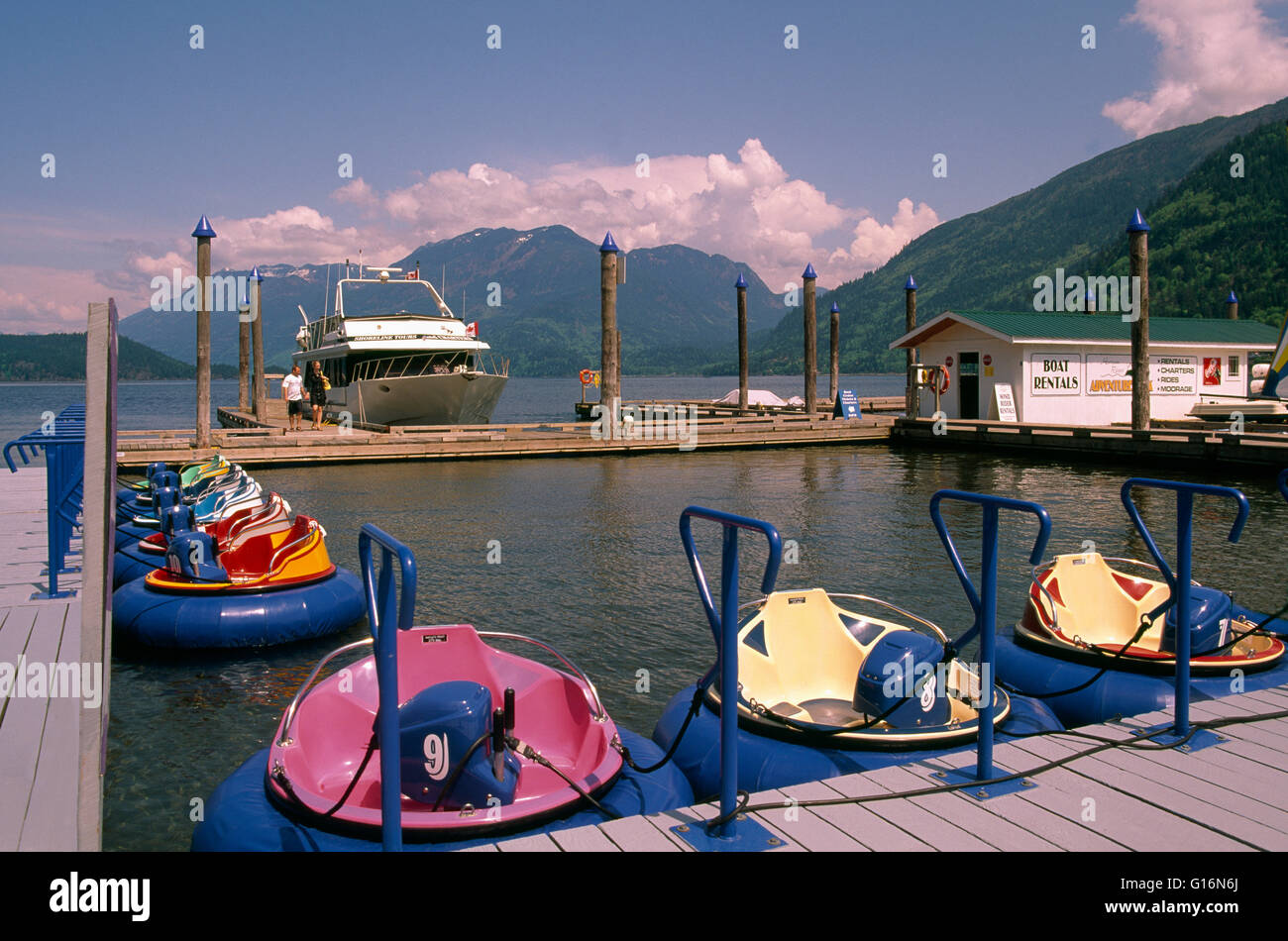 Bumper Boats on Harrison Lake, Harrison Hot Springs, BC, British Columbia, Canada Stock Photo