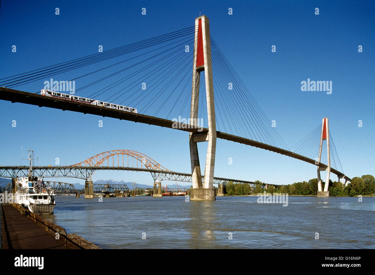 Bridges over Fraser River, New Westminster to Surrey, British Columbia, Canada Skytrain on
