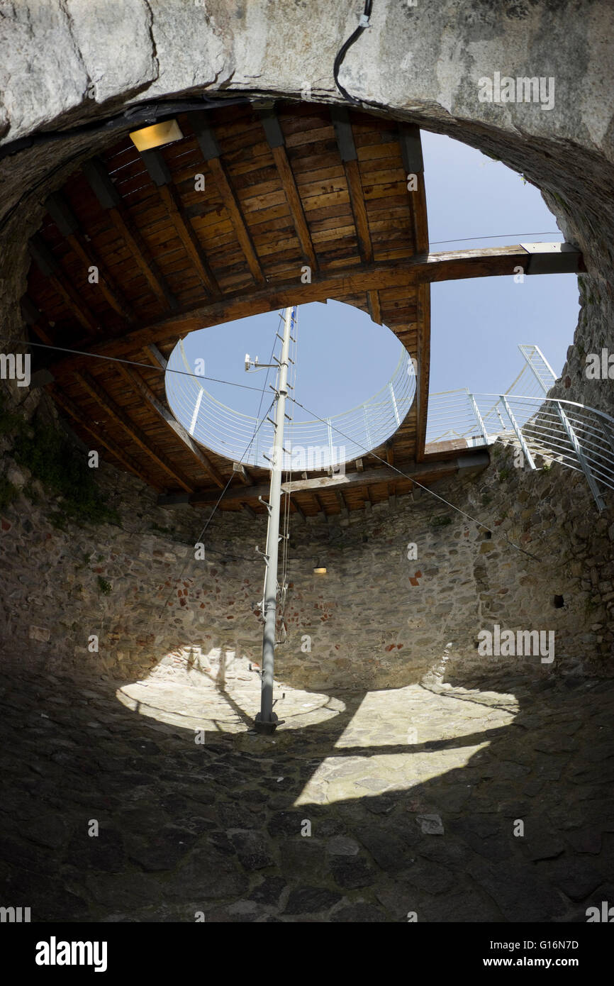 Architectural interior space wide view of the central circular stone tower (last floor) in Kavala's city castle. Greece. Stock Photo
