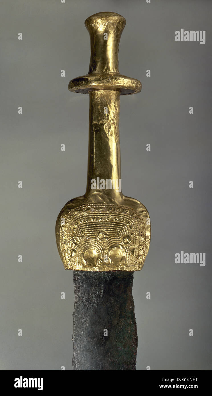 Sword of Guadalajara. Middle 2nd Millennium BC. Middle Bronze Age. Gold and copper. Detail of the handle. National Archaeological Museum. Madrid. Spain. Stock Photo