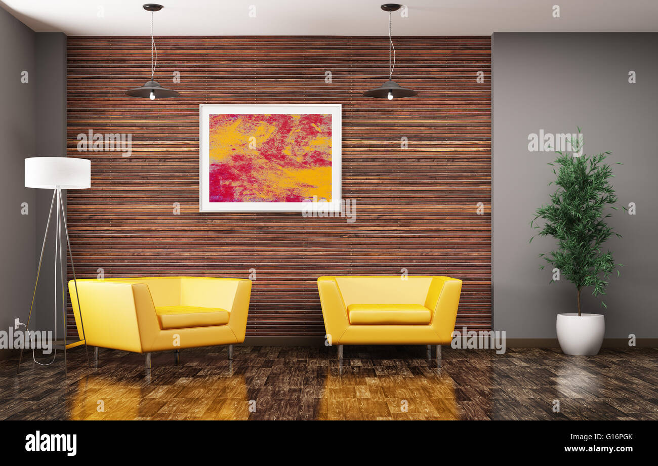 Modern living room interior with two yellow armchairs floor lamp and ...
