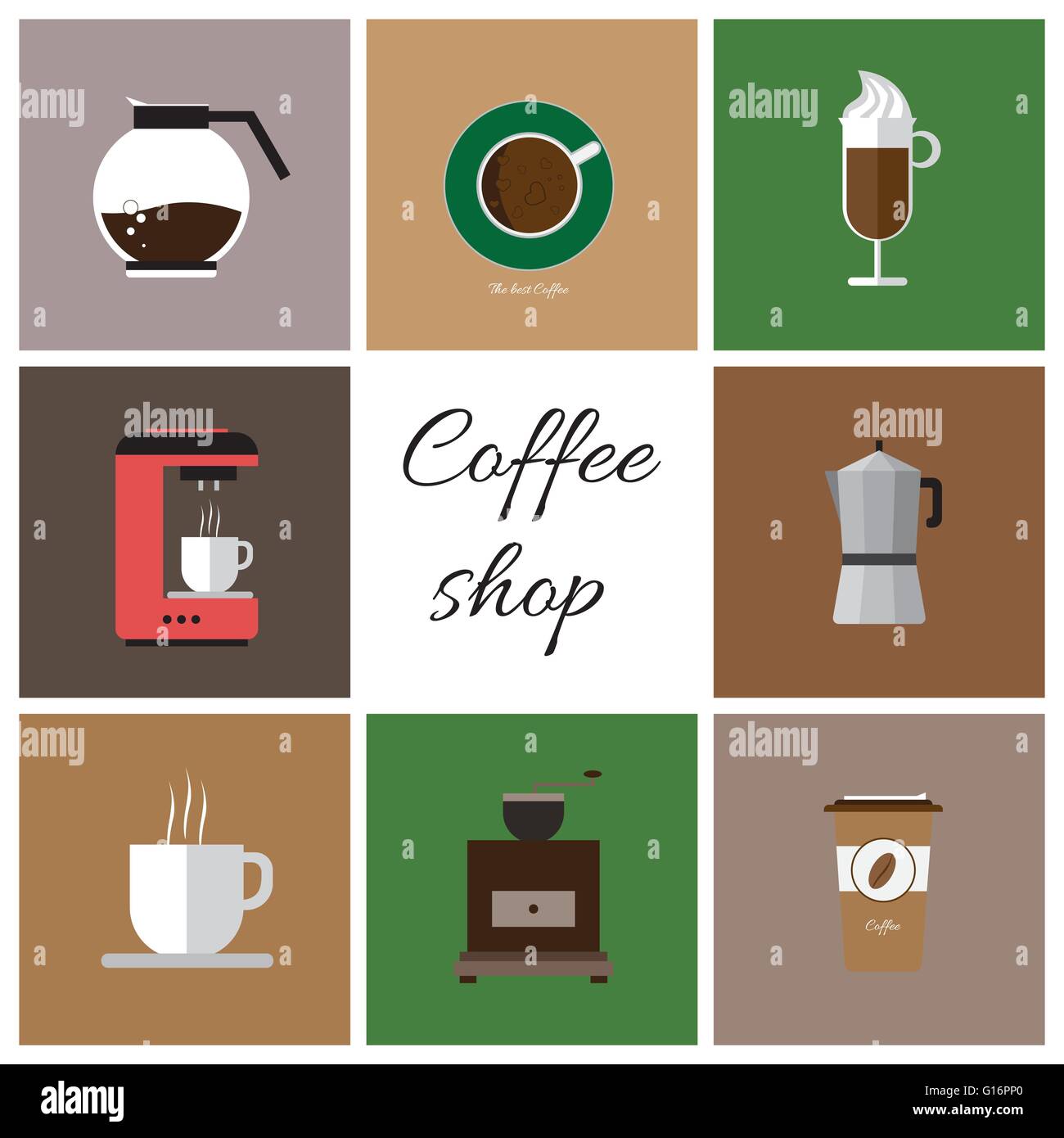 A set of colored coffee items, cup of coffee with steam, coffee machine, mill, glass, jug, jar