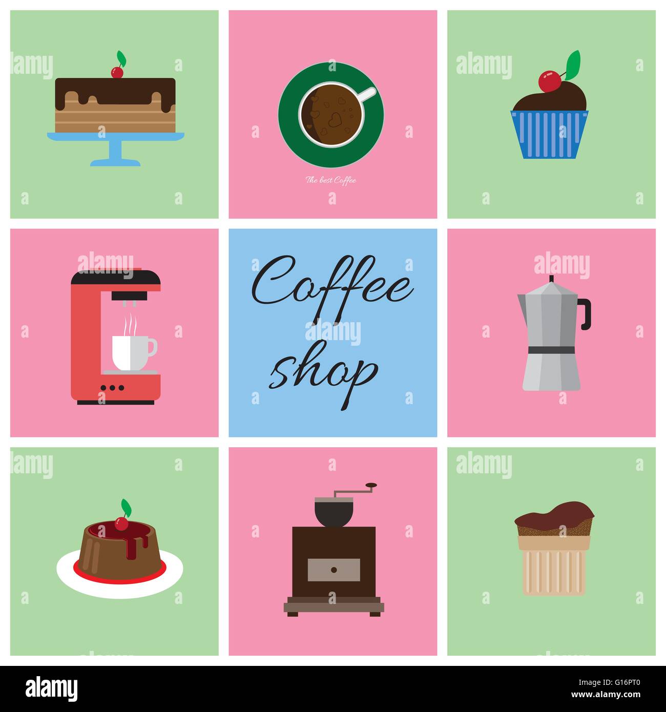 A set of colored coffee items, cup of coffee with bubbles, cake, glass, jug, jar, with coffee