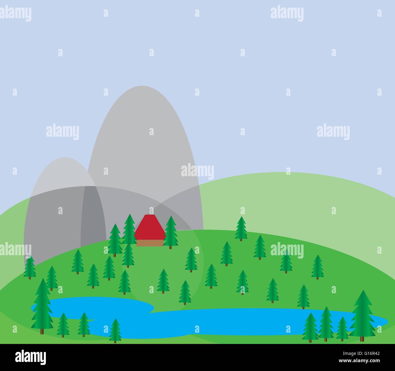 Green trees growing on silver hills with a blue background and a small red house near a blue lake. Digital background vector ill Stock Vector