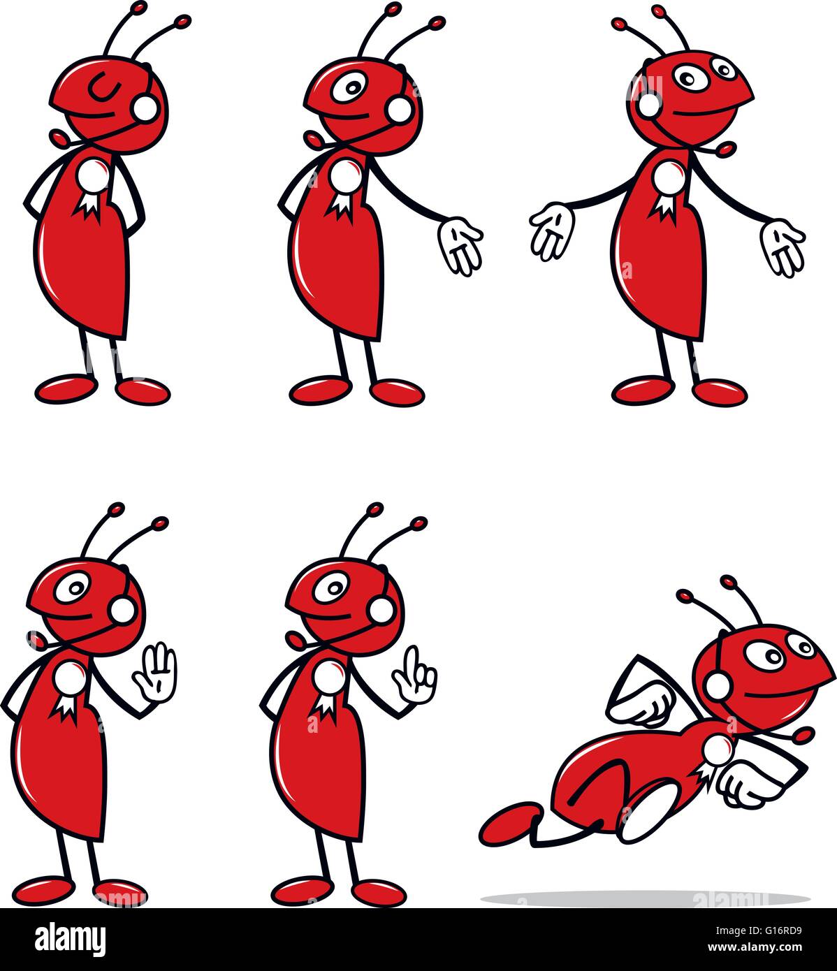 vector illustration of red ant posing in different modes on white background Stock Vector