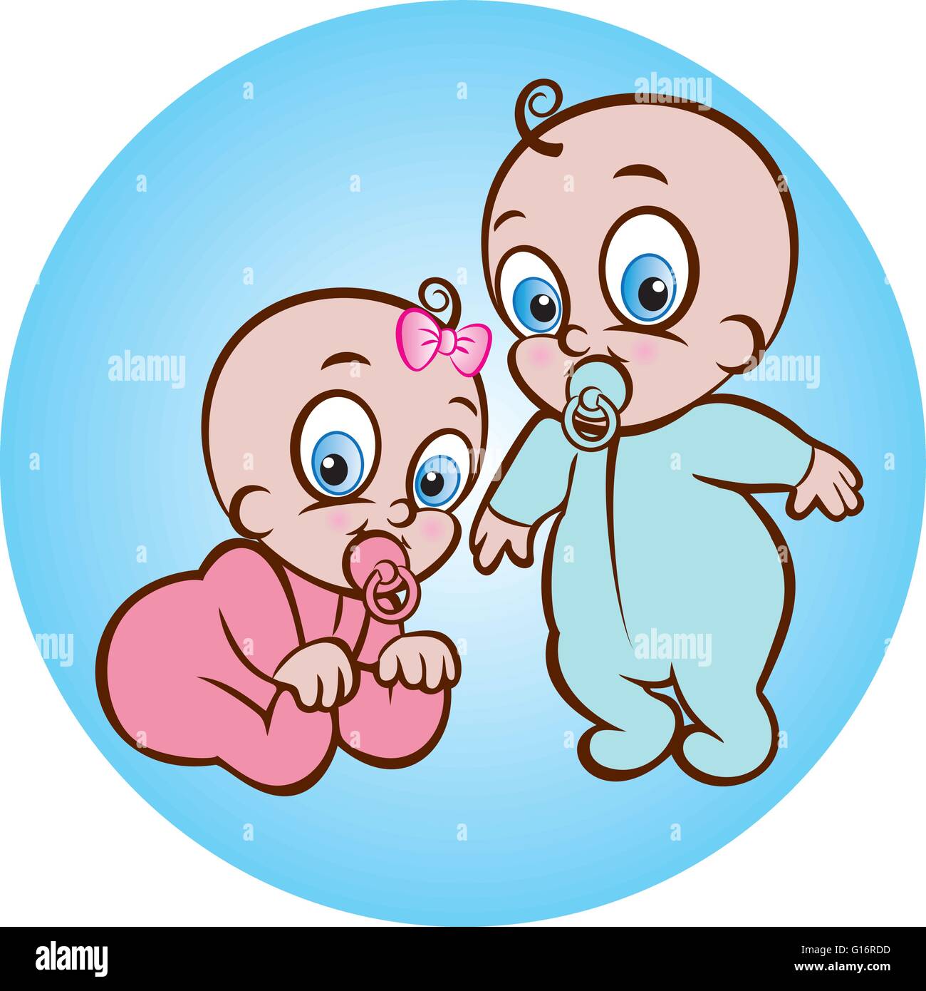 vector illustration of cute sitting baby girl and standing baby boy in sleeper Stock Vector