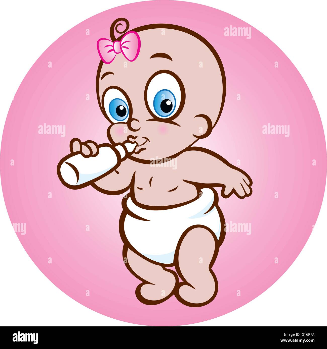 vector illustration of baby girl drinking milk from bottle on pink background Stock Vector