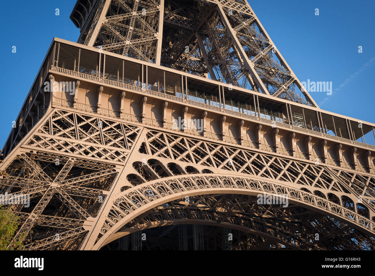 Close up view of the first level of the Eiffel Tower in Paris, France Stock Photo