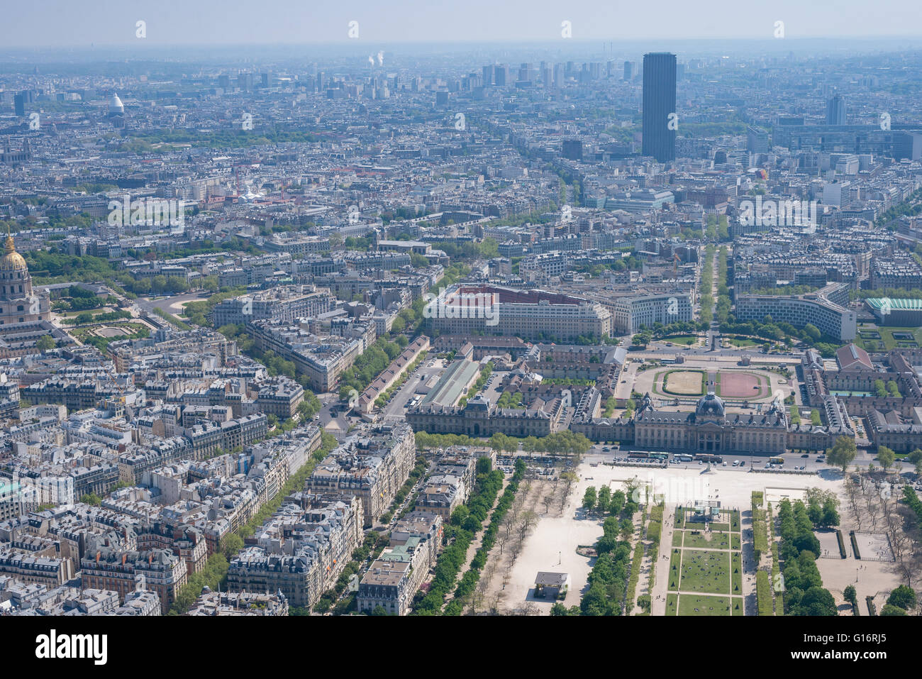 Aerial view of Parc du Champs de Mars and the city of Paris, taken from the top of the Eiffel Tower, looking southeast Stock Photo