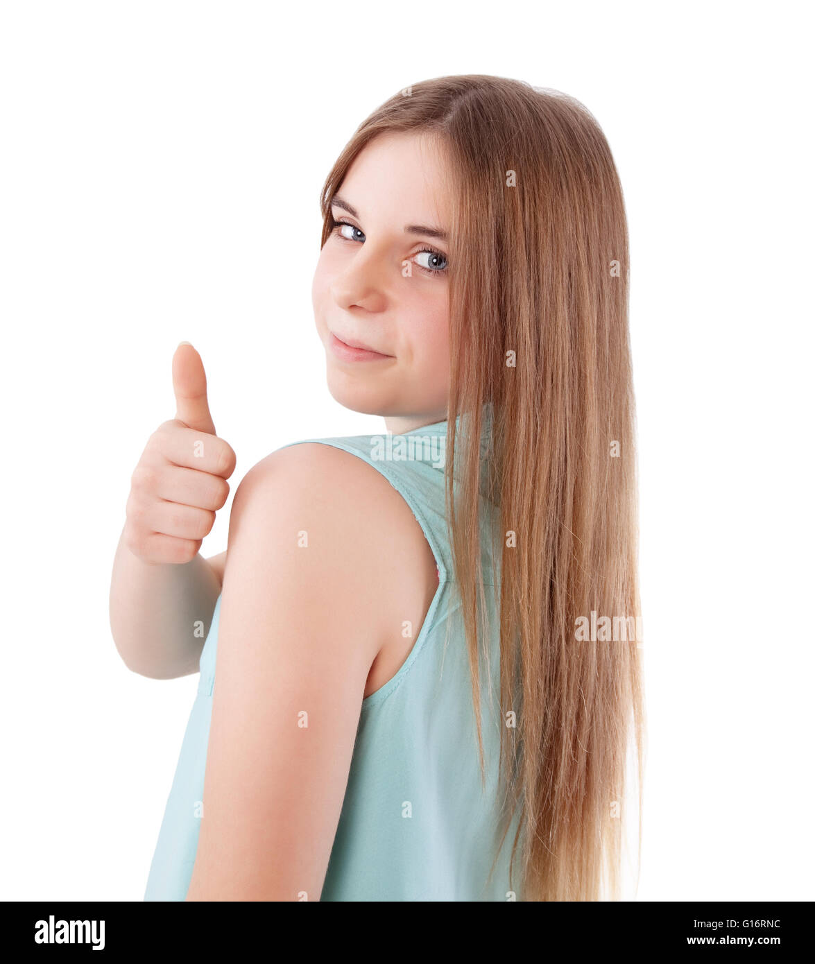 teenage girl showing thumb up isolated on white Stock Photo