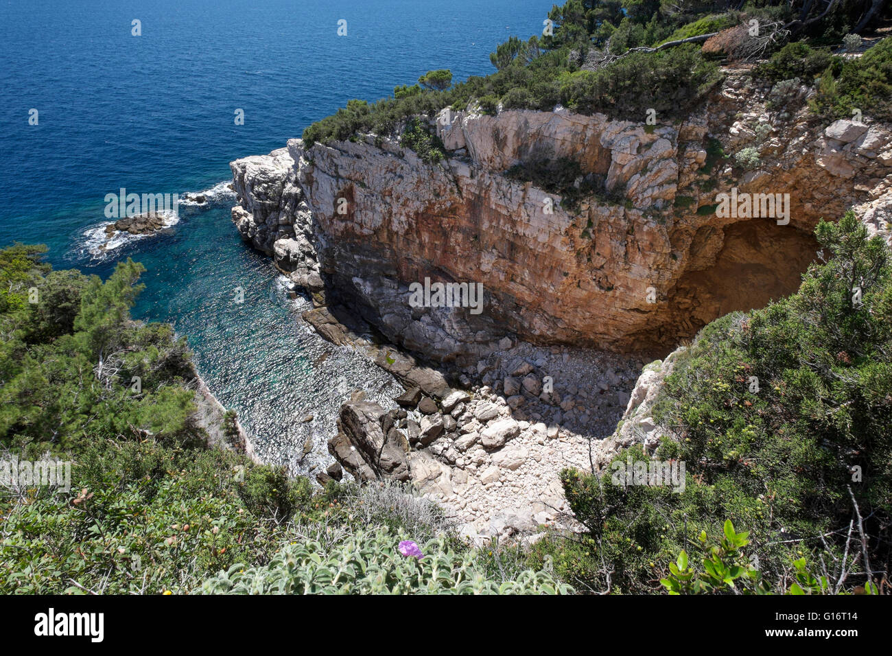 A sea cave on the UNESCO nature reserve Island of Lokrum, Dubrovnik, Croatia Stock Photo