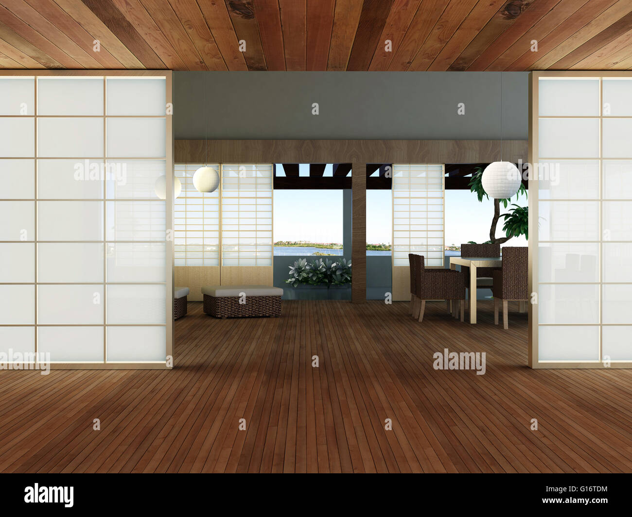 modern interior (3D render) -  Living Room In Japanese style Stock Photo