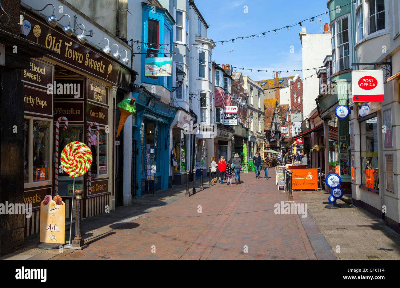 HASTINGS, UK - APRIL 1ST 2016: A view down George Street - one of the streets in the old town area of Hastings in Sussex, UK. Stock Photo