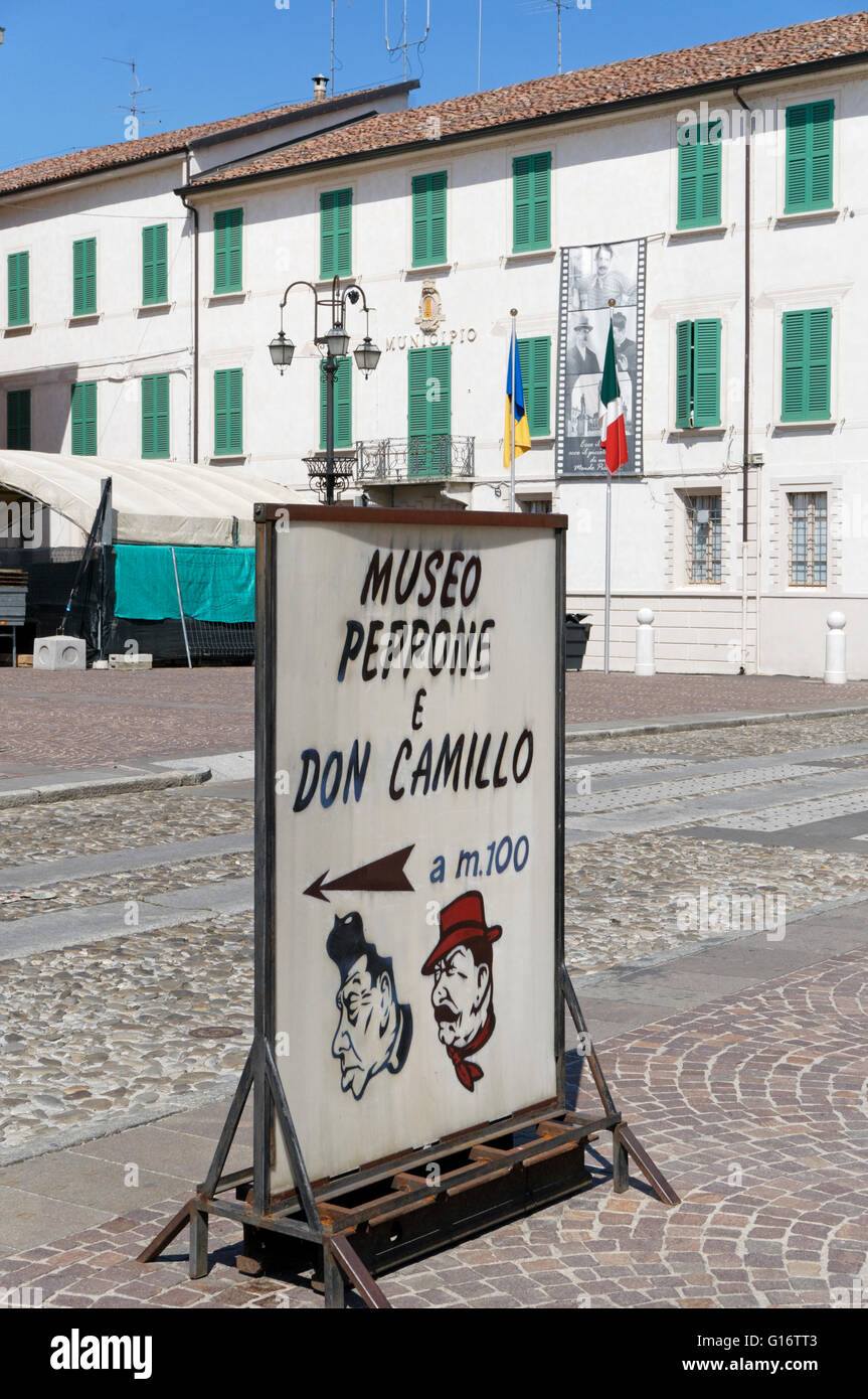 Don Camillo e Peppone museum sign and town hall in Piazza Matteotti, Brescello, Reggio Emilia province, Emilia Romagna, Italy Stock Photo