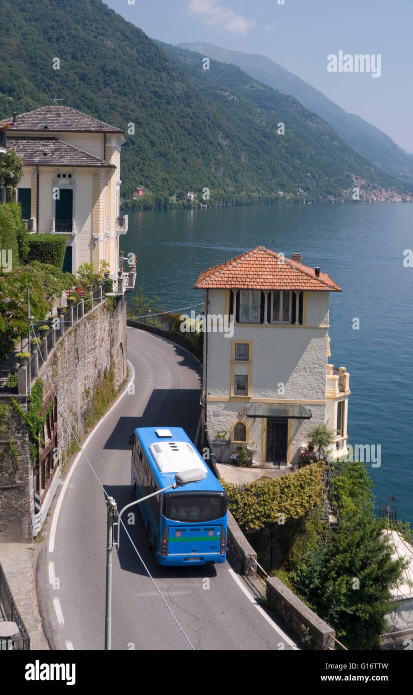 view from above of a local bus service, Argegno, Lake Como, Italy Stock Photo