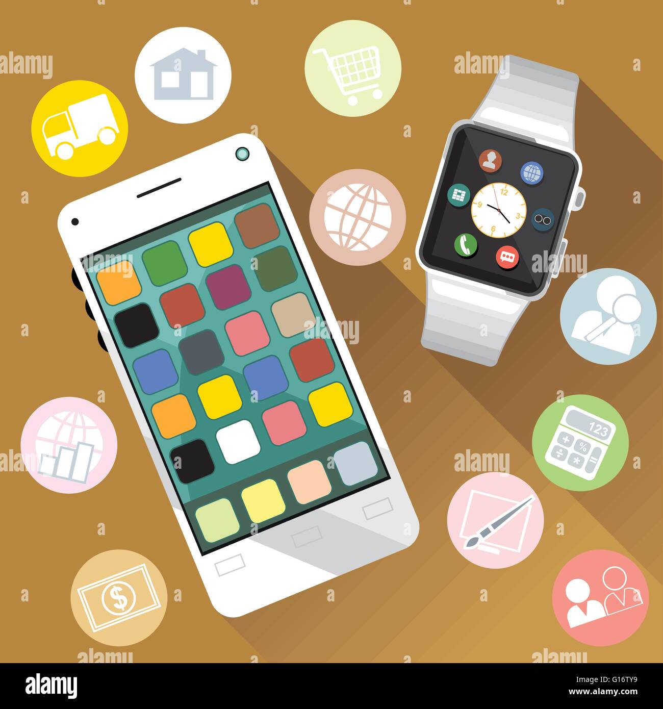 A white smart watch and mobile phone with time, calls, mail, contacts