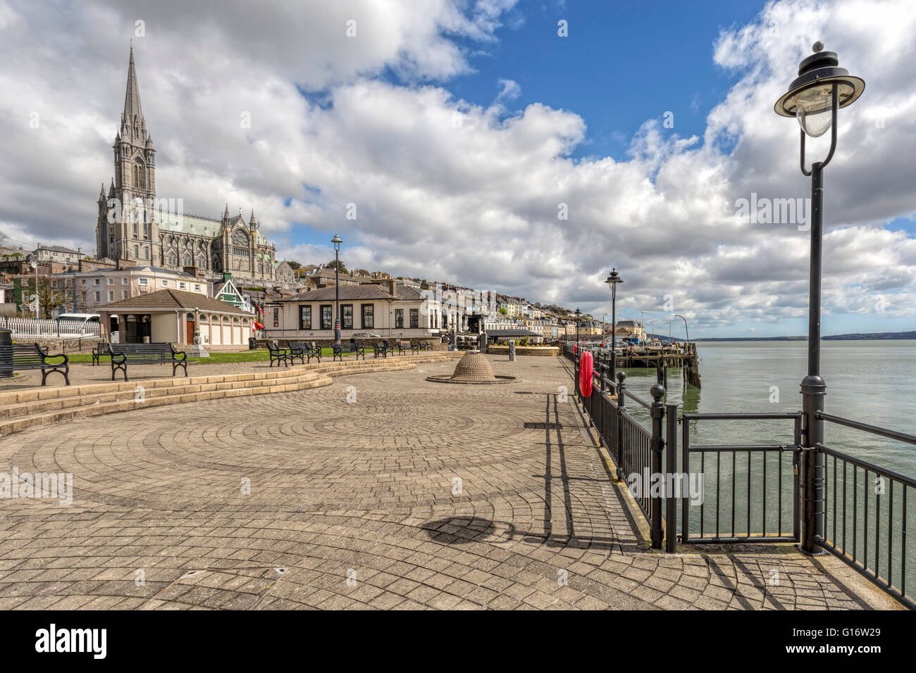 View on St Coleman's Cathedral from Kennedy Park, along the esplanade, Cork, County Cork, Munster Province, Republic of Ireland. Stock Photo