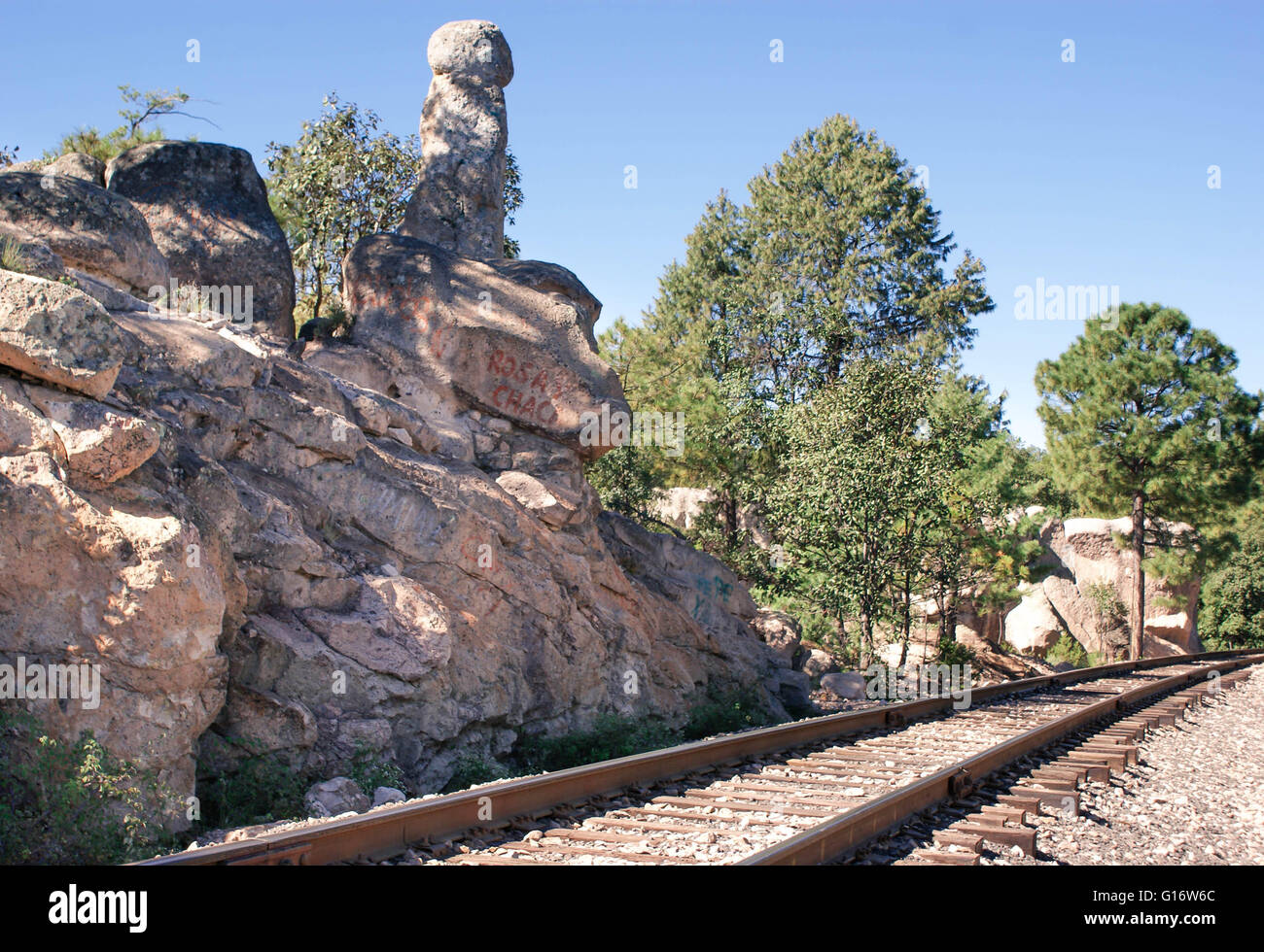 The landscape with the Copper Canyons railway road near Creel, Chihuahua, Mexico Stock Photo