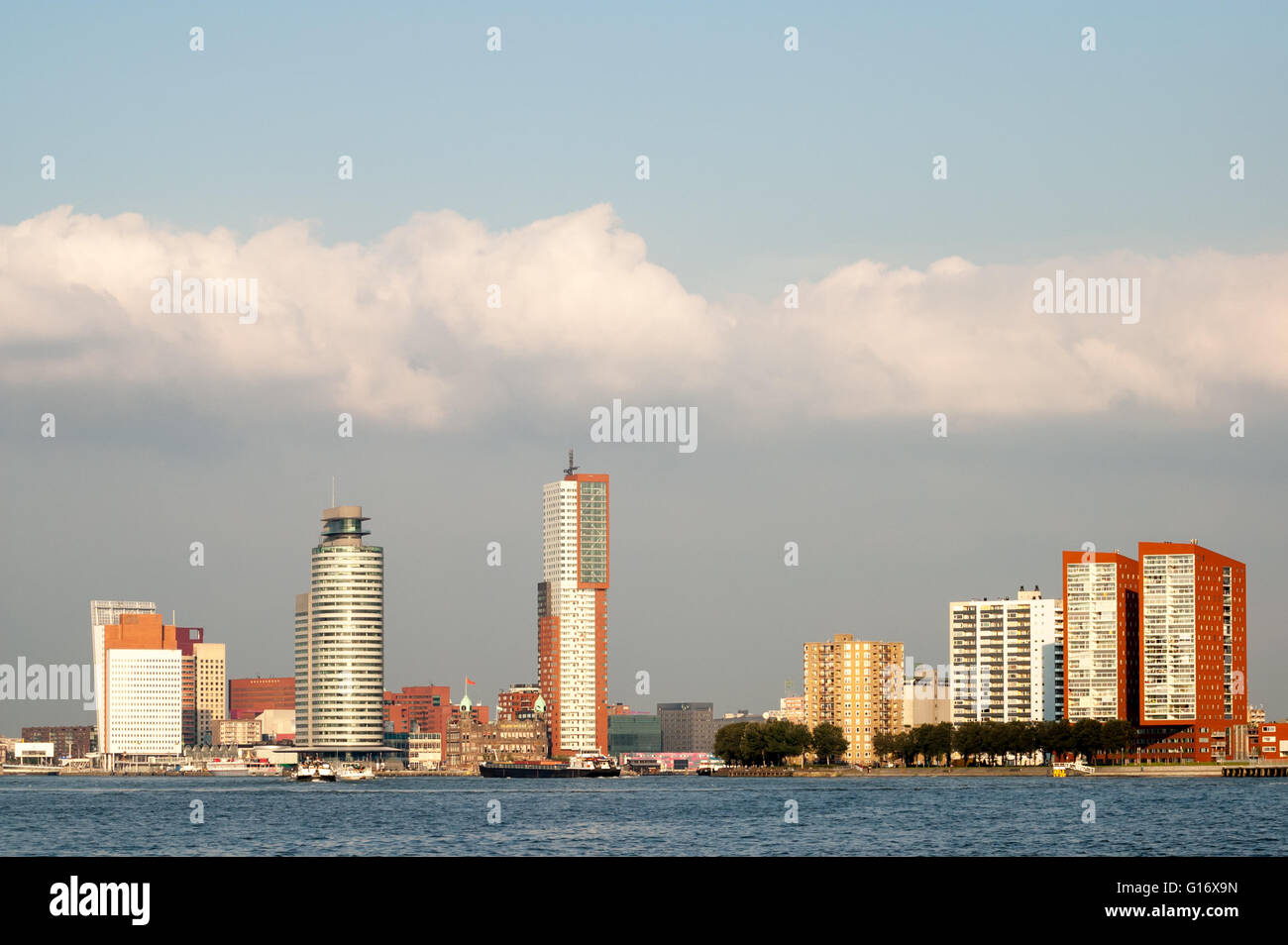 Skyline of Rotterdam from Meuse River with Kop van Zuid, Hotel New York, Katendrecht highrise, South Holland, Netherlands Stock Photo