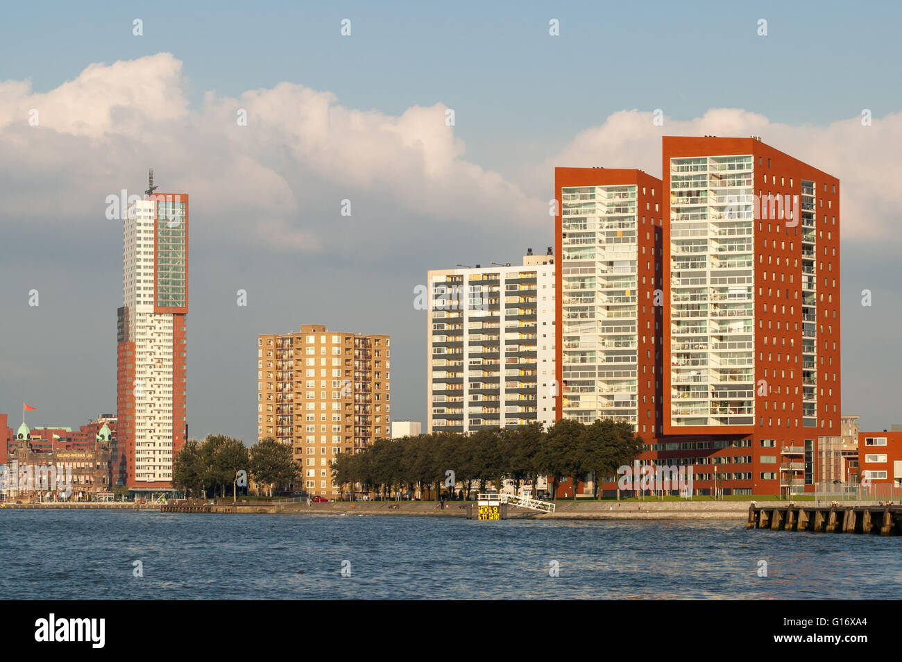 Skyline Kop van Zuid with Hotel New York and Montevideo, and Katendrecht peninsula in Rotterdam from Meuse River, Netherlands Stock Photo