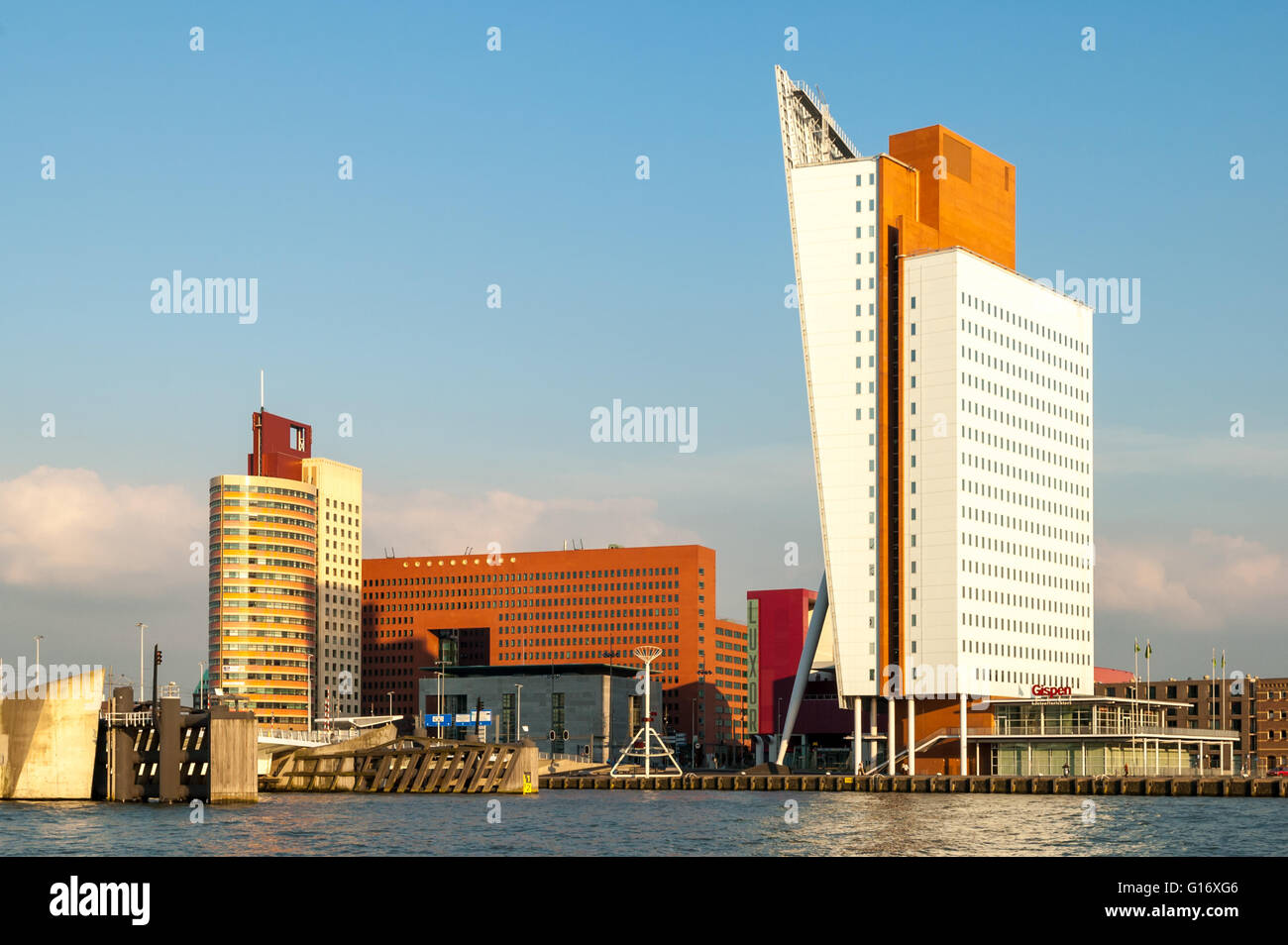 Rotterdam skyline from New Meuse River: buildings on Kop van Zuid, Wilhelmina Pier, Rotterdam, Netherlands Stock Photo