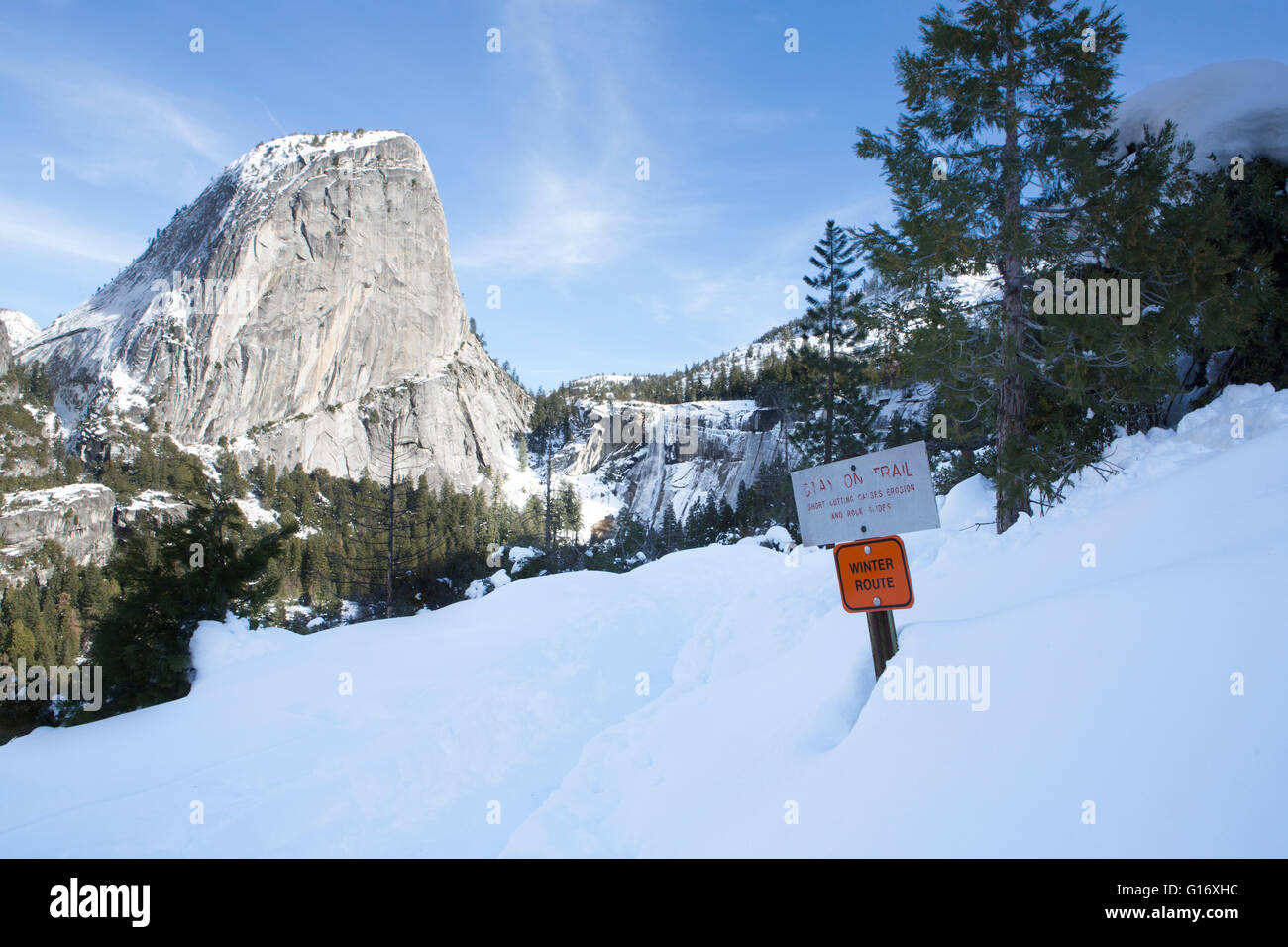 Winter route marker for the John Muir Trail, Yosemite Valley National Park, California, USA Stock Photo